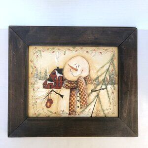 Pat Fischer "Rustic Snowman" Folk Art Print with Barnwood Frame Winter Scene